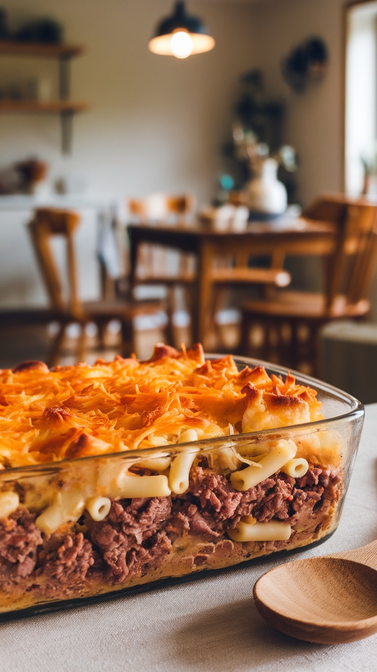 Johnny Mac casserole with ground beef, pasta, and melted cheese in a baking dish.